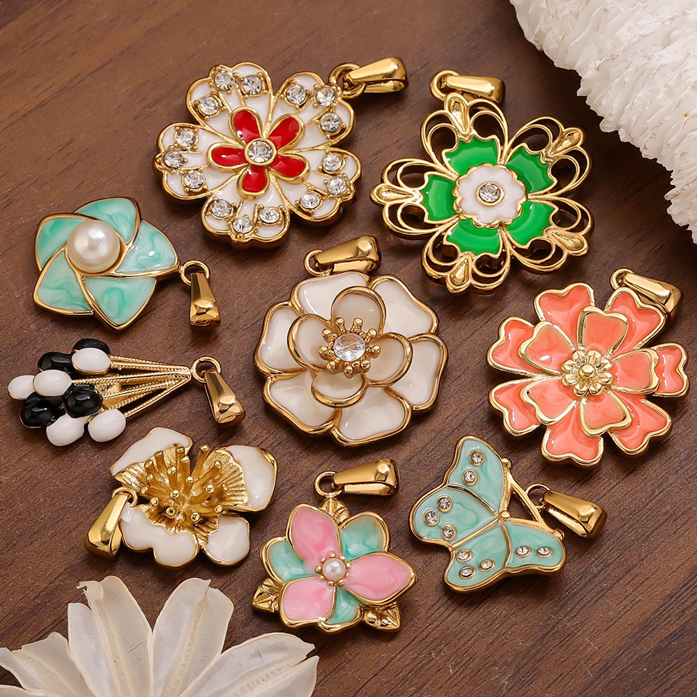 Jewelry Making Materials Wholesale - 2PCS Liontin Bunga Besar Enamel Stainless